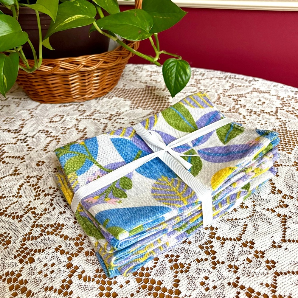 Vintage Handmade Linen Napkins Set of 8 Blue Yellow Flowers & Pears Print 16"